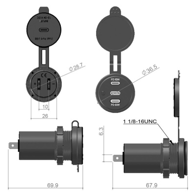 USB Doppelsteckdose zum Einbau Typ C 5-20 V PD 60W